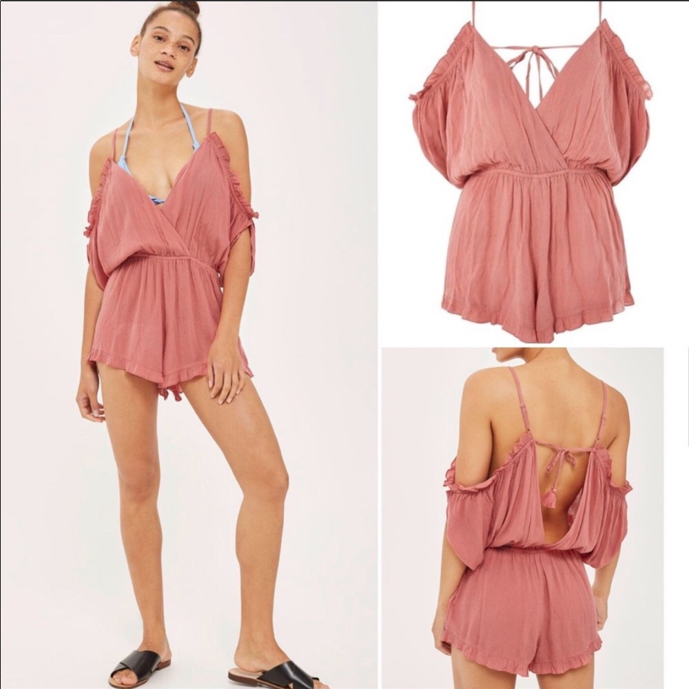 Gauzy Ruffle Cold Shoulder Romper